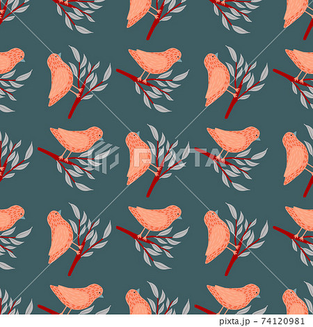 Zoo seamless doodle pattern with cute simple pink birds on branches ornament. Turquoise background. 74120981