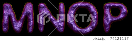 Set of letters M, N, O, P made of realistic 3d render natural purple snake skin texture. Set of letters M, N, O, P made of realistic 3d render natural purple snake skin texture. 74121117
