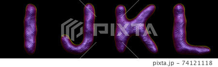 Set of letters I, J, K, L made of realistic 3d render natural purple snake skin texture. Set of letters I, J, K, L made of realistic 3d render natural purple snake skin texture. 74121118