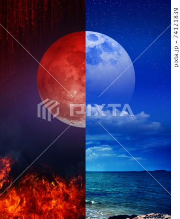The blood moon above the fire and the super moon above the sea. 74121839