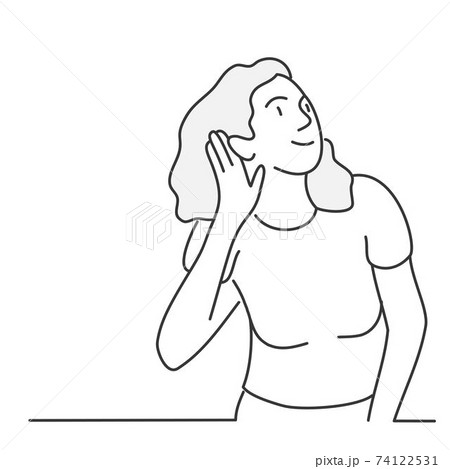 Young girl try to hear better with hand palm. Young girl try to hear better with hand palm. 74122531