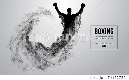 Abstract silhouette of a boxer fighter on the white background from particles, dust, smoke, steam. Boxer is winner. Background can be changed to any other. Vector illustration 74122722