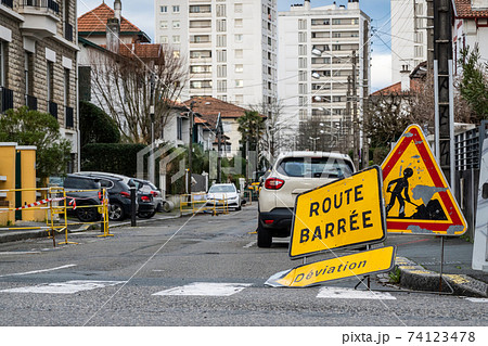 Road closed and diversion signs in French town Road closed and diversion signs in French town 74123478