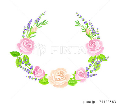 Semicircle Floral Frame with Lavender Twigs and Rose Buds Vector Illustration 74123583