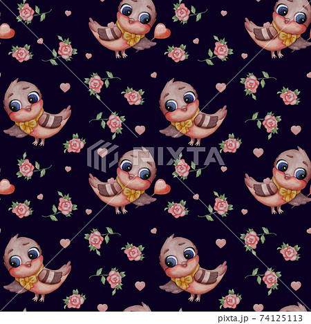 Seamless patterns. Nice bird. Titmouse with a red heart on a black background with hearts and flowers roses. Watercolor. pattern for valentines, print, packaging, decor, wallpaper and design 74125113