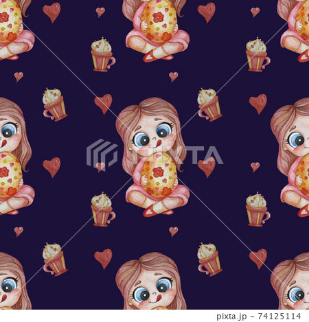 Seamless patterns. Easter pattern. A cute girl with a hairstyle sits with a large Easter egg in her hands and licks her lips on a dark blue background with hearts and dessert. Watercolor 74125114