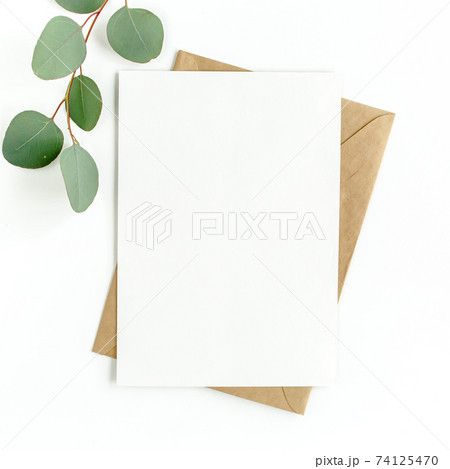 Mockup invitation, blank greeting card and green leaves eucalyptus. Flat lay, top view. 74125470