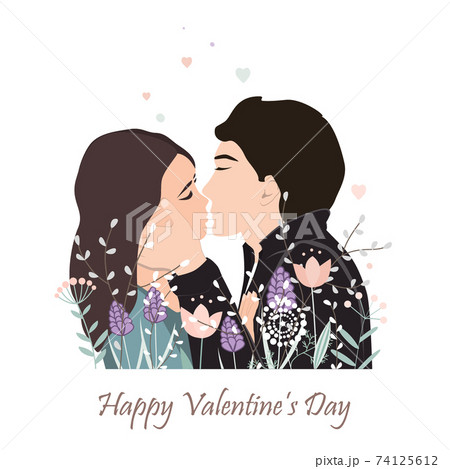 Valentine Day Greeting Card. Passionate young kissing couple. Vector cartoon illustration of happy lovers 74125612