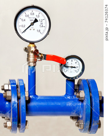 Manometers in the metering system and water pressure, close-up, copy space. 74126374