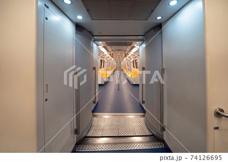 Empty interior inside of the public transport train, subway, or metro in mass rapid transit in Bangkok City, Thailand. Empty interior inside of the public transport train, subway, or metro in mass rapid transit in Bangkok City, Thailand. 74126695