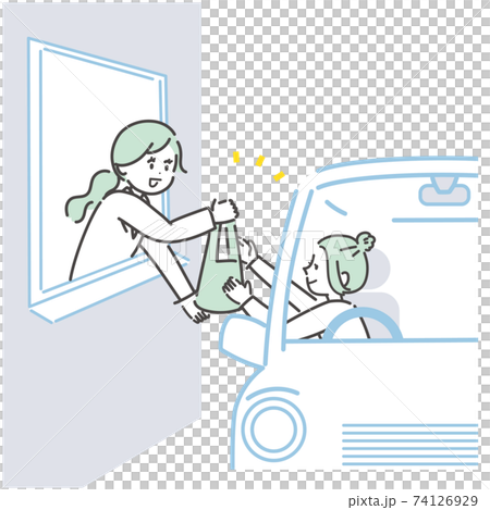 車に乗ったままで薬の受け渡しをしているイラスト 車に乗ったままで薬の受け渡しをしているイラスト 74126929