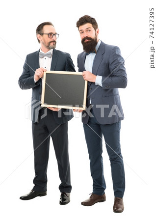 welcome on board. bearded men hold advertisement blackboard. 74127395