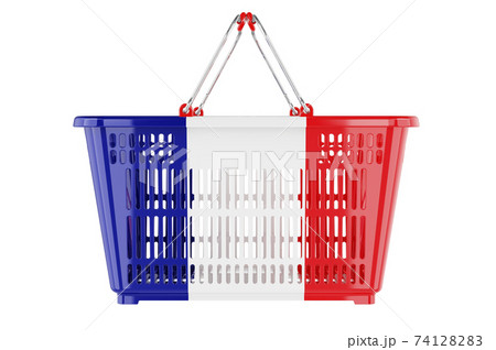 Shopping basket with French flag, market basket or purchasing power concept. 3D rendering Shopping basket with French flag, market basket or purchasing power concept. 3D rendering 74128283