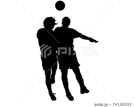 ボールを競り合ってジャンプするサッカー選手のシルエットのイラスト素材