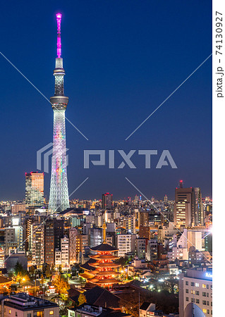 東京都 浅草の夜景 スカイツリーの写真素材