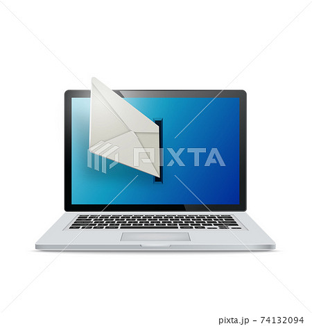 Realistic laptop on white background. Emails fly out of laptop screen. The concept of e-mailing. 74132094