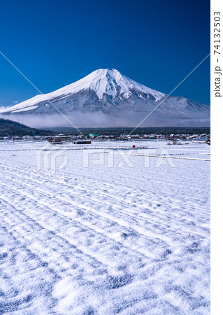 《山梨県》新雪の富士山・忍野村の雪原 74132503