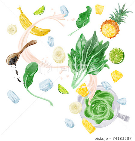 グリーンスムージの材料手描き水彩風イラスト 74133587