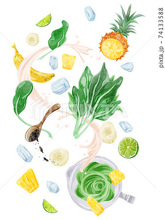 グリーンスムージの材料手描き水彩風イラスト 74133588