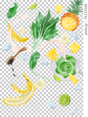 グリーンスムージの材料手描き水彩風イラスト グリーンスムージの材料手描き水彩風イラスト 74133589