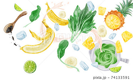 グリーンスムージの材料手描き水彩風イラスト 74133591