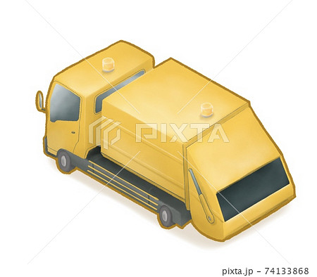 Yellow garbage truck car, a digital painting of waste container dump-truck vehicle isometric cartoon icon raster illustration isolated on white background. 74133868