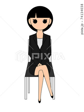 スーツの女性が椅子に座り足を組んでいる全身ポーズのイラスト素材