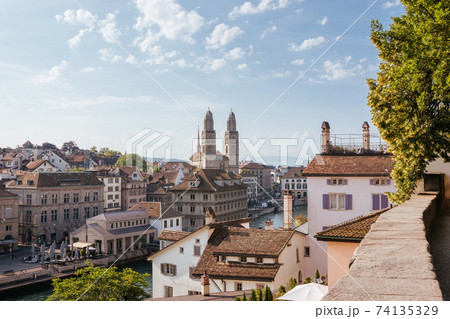 Aerial view of historic Zurich city center from Lindenhof park 74135329