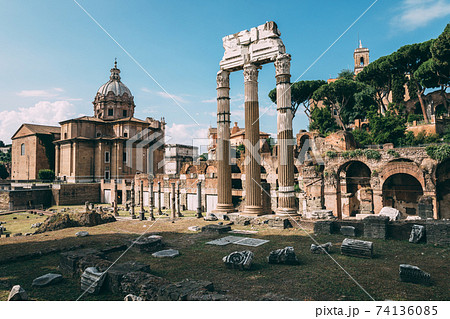 Panoramic view of temple of Venus Genetrix is ruined temple and forum of Caesar 74136085