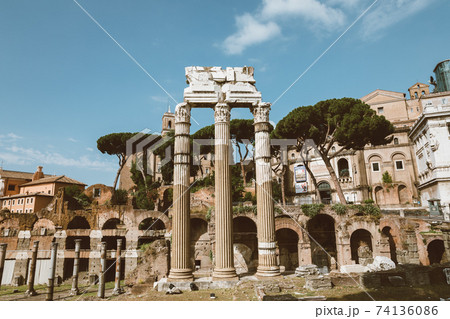 Panoramic view of temple of Venus Genetrix is ruined temple and forum of Caesar 74136086