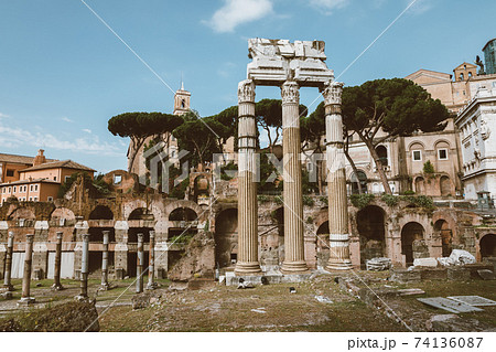 Panoramic view of temple of Venus Genetrix is ruined temple and forum of Caesar 74136087