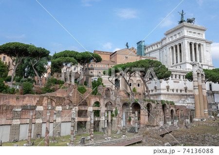 Panoramic view of temple of Venus Genetrix is ruined temple and forum of Caes 74136088