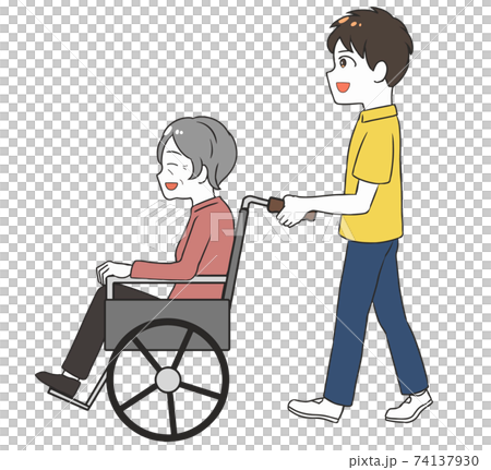 坐在輪椅上的老婦，男性照顧者，微笑，側身 74137930