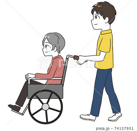 車椅子の高齢女性 男性介護士 横向きのイラスト素材