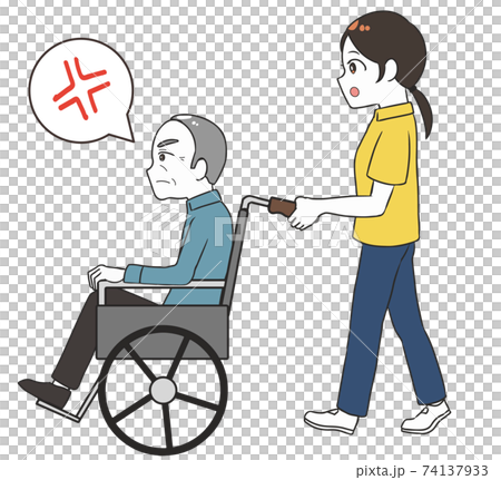 坐在輪椅上的老人，女保姆，側身，生氣 74137933