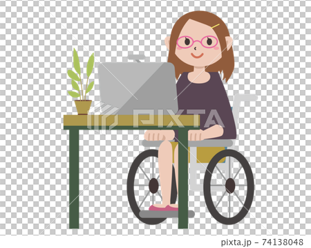 車椅子の若い女性　パソコン 74138048