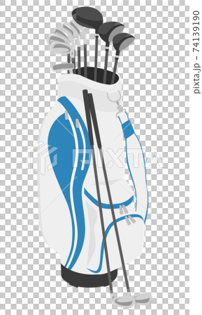 Illustration of a caddy bag and iron with a golf club set. 74139190