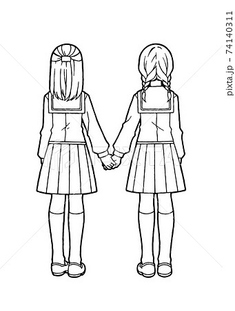 手を繋いだセーラー服の少女2人 線画 のイラスト素材