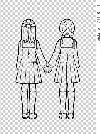 手を繋いだセーラー服の少女2人 線画 のイラスト素材