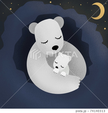 polar mother bear and bear cub sleeping and cuddling in the night. polar mother bear and bear cub sleeping and cuddling in the night. 74140313
