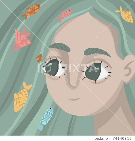 beautiful mermaid with color fishes in hair. portrait of a young mermaid with turquoise hair and big eyes 74140319
