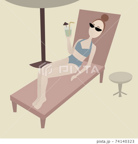 Beautiful brunette woman in swimsuit laying on sunbed with cocktail in hand. Beautiful brunette woman in swimsuit laying on sunbed with cocktail in hand. 74140323