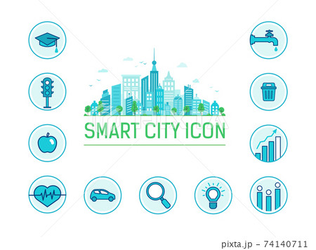 Smart city info. Modern blue city. Vector infographics filled linear icon 74140711