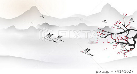 Chinese ink and water landscape painting Happy chinese new year banner card Chinese ink and water landscape painting Happy chinese new year banner card 74141027