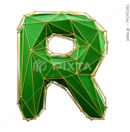 Capital latin letter R in low poly style green and gold color isolated on white background. 3d 74145281