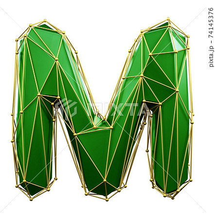 Capital latin letter M in low poly style green and gold color isolated on white background. 3d 74145376