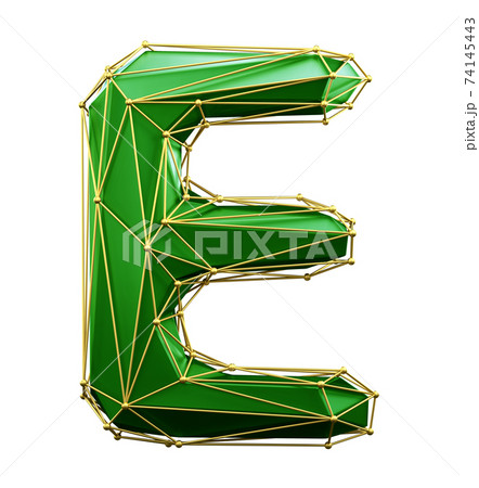 Capital latin letter E in low poly style green and gold color isolated on white background. 3d Capital latin letter E in low poly style green and gold color isolated on white background. 3d 74145443
