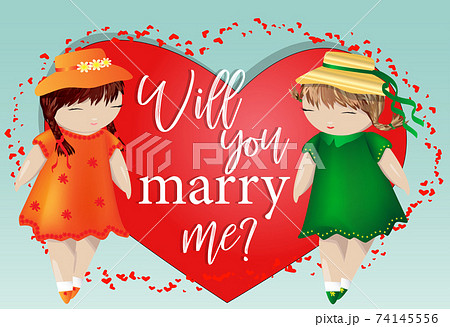 Happy valentine's day. A pair of girls on the background of the heart. The concept of same-sex lesbian love, a pair of women 74145556