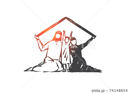 Family protection, togetherness, concept sketch. Hand drawn isolated vector 74148654