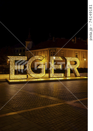 illuminated sign Egger in center of historic city, Northern Hungary illuminated sign Egger in center of historic city, Northern Hungary 74149181